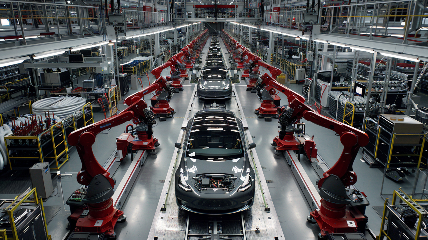Fabrik mit Tesla-Robotern bei Montage