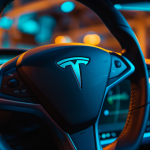 Lenkrad eines Tesla-Autos mit Logo