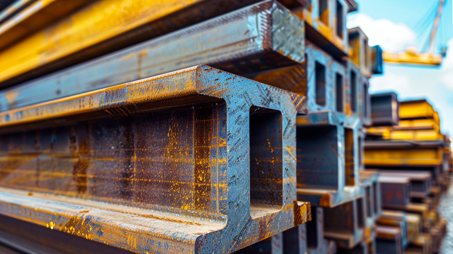 Ein Stapel Thyssenkrupp-Stahlträger zur Auslieferung im belebten Hafen