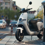 Ein Elektro-Scooter mit Varta-Logo, der an einer öffentlichen Ladestation lädt