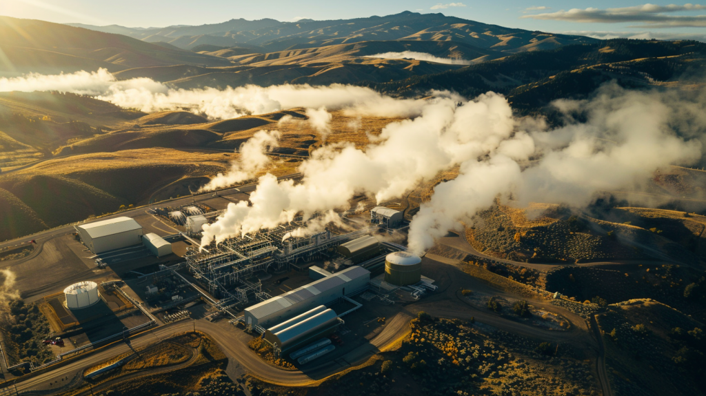 Luftaufnahme eines geothermischen Kraftwerks von Vulcan Energy Resources inmitten natürlicher Schönheit, ohne sichtbare Schadstoffe