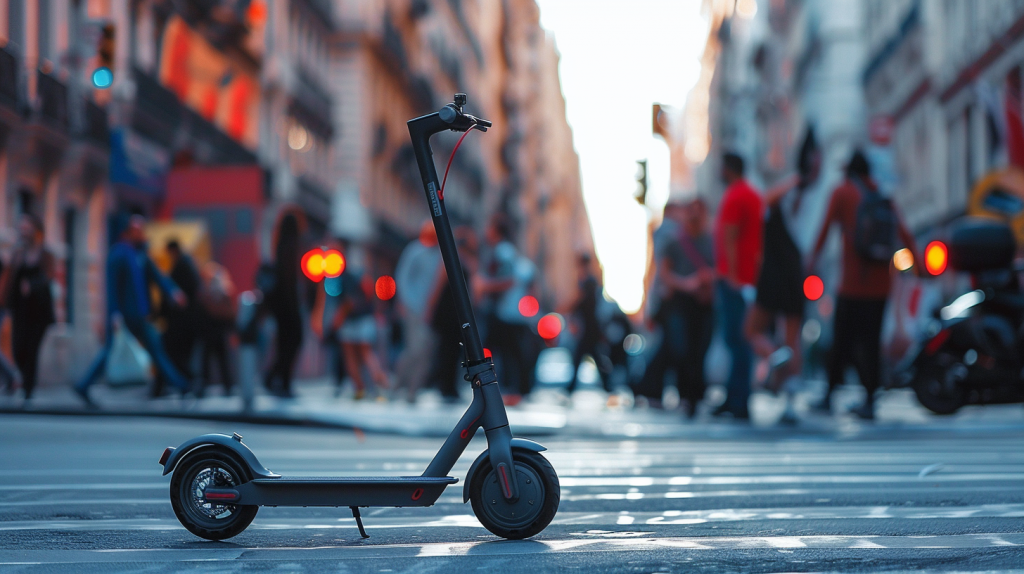 Ein eleganter Elektroscooter von Xiaomi auf einer belebten Straße mit Passanten und Stadtlandschaft im Hintergrund