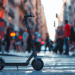 Ein eleganter Elektroscooter von Xiaomi auf einer belebten Straße mit Passanten und Stadtlandschaft im Hintergrund