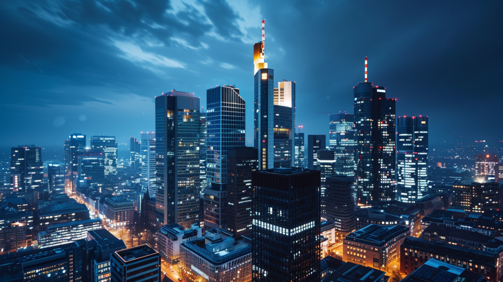 Futuristische Skyline mit Allianz-Logo auf Hochhaus