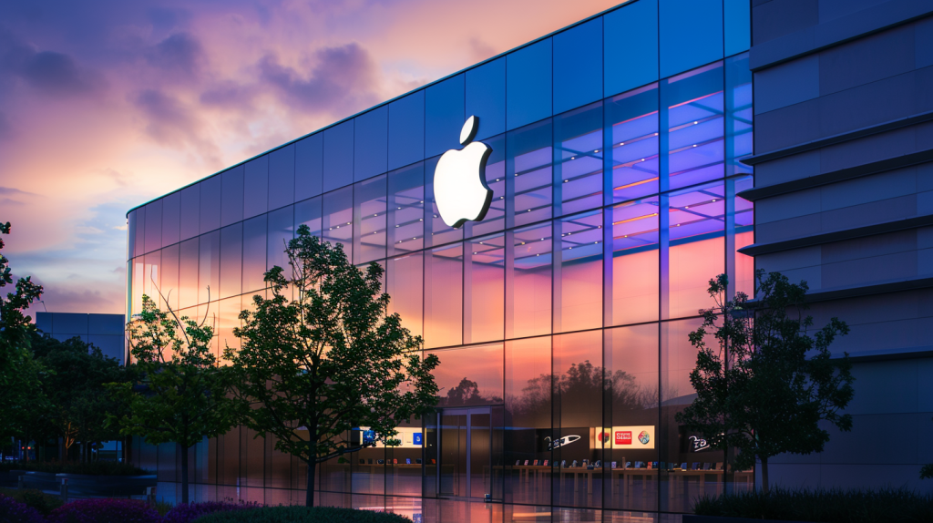 Beleuchteter Apple-Campus bei Dämmerung