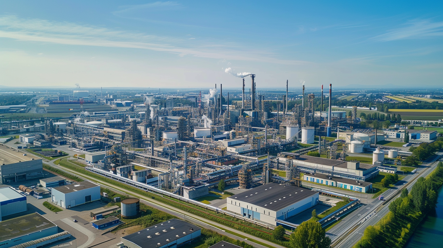 Luftaufnahme des BASF-Hauptquartiers in Ludwigshafen mit Produktionsanlagen und Rohrleitungssystem bei klarem Himmel