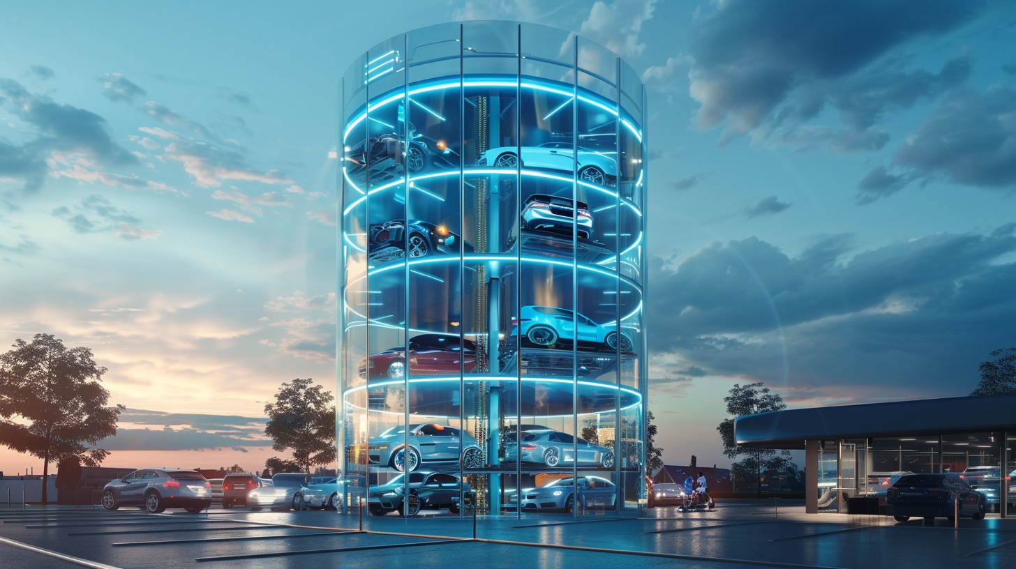 Futuristischer Glasturm von Carvana mit Autos