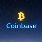 Nachthimmel mit Bitcoin-Symbolen und Coinbase-Logo