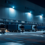 Flotte von Daimler Trucks beleuchtet in einem logistischen Zentrum bei Nacht