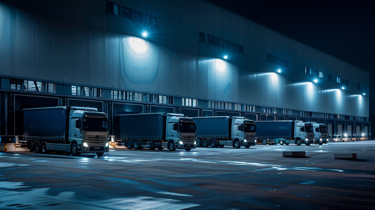 Flotte von Daimler Trucks beleuchtet in einem logistischen Zentrum bei Nacht