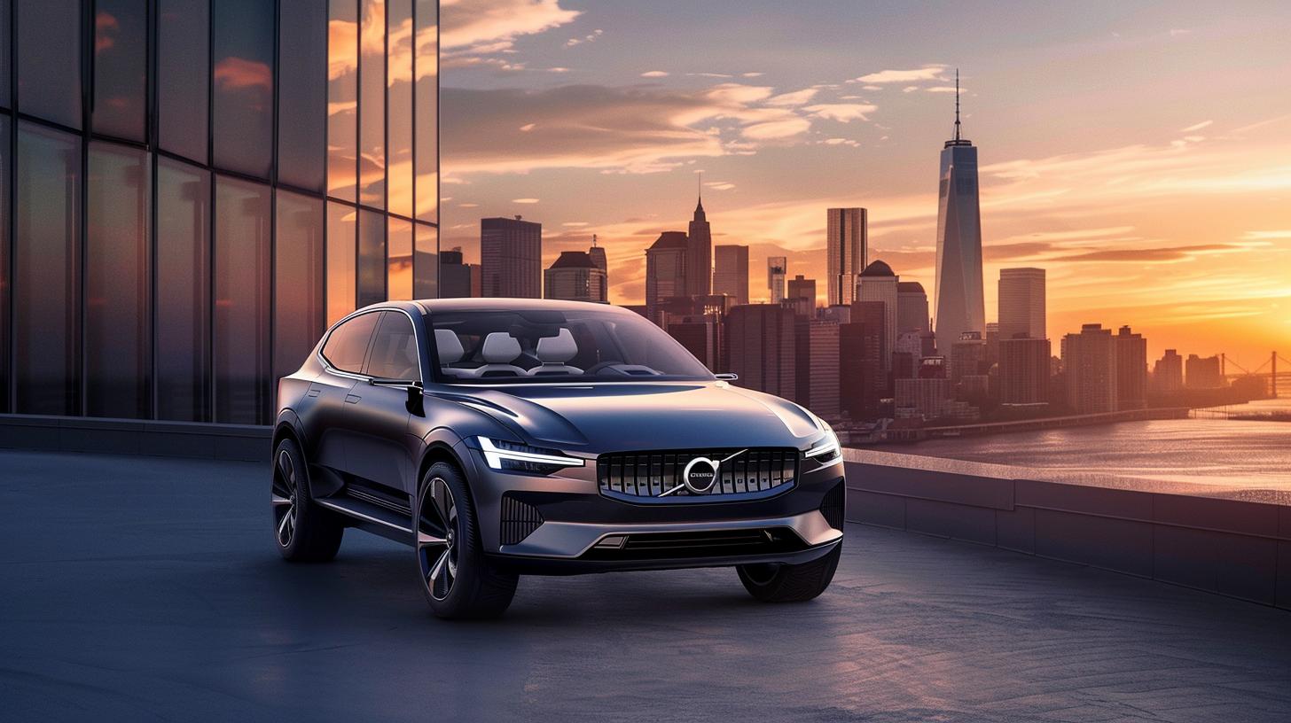 Ein glänzendes Volvo-Elektroauto fährt durch eine moderne Stadtlandschaft bei Sonnenuntergang