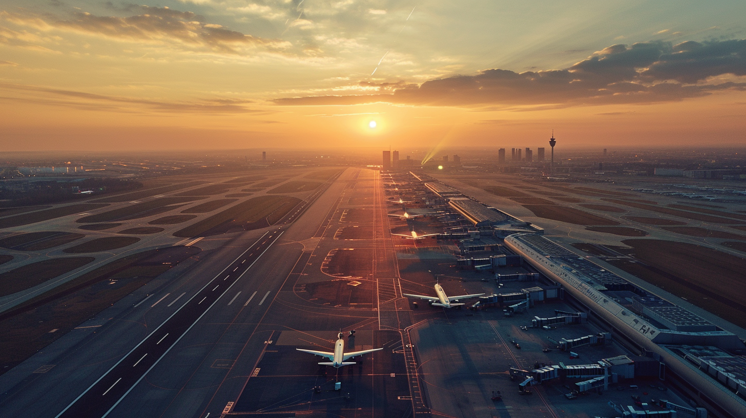 Luftaufnahme Flughafen bei Sonnenaufgang