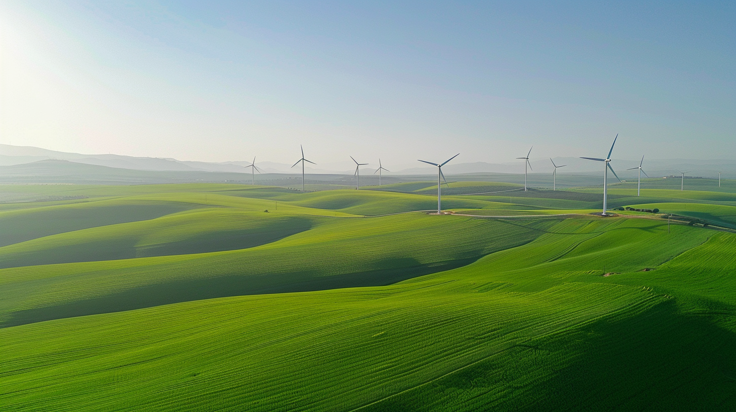 Windkraftanlagen in grüner Landschaft