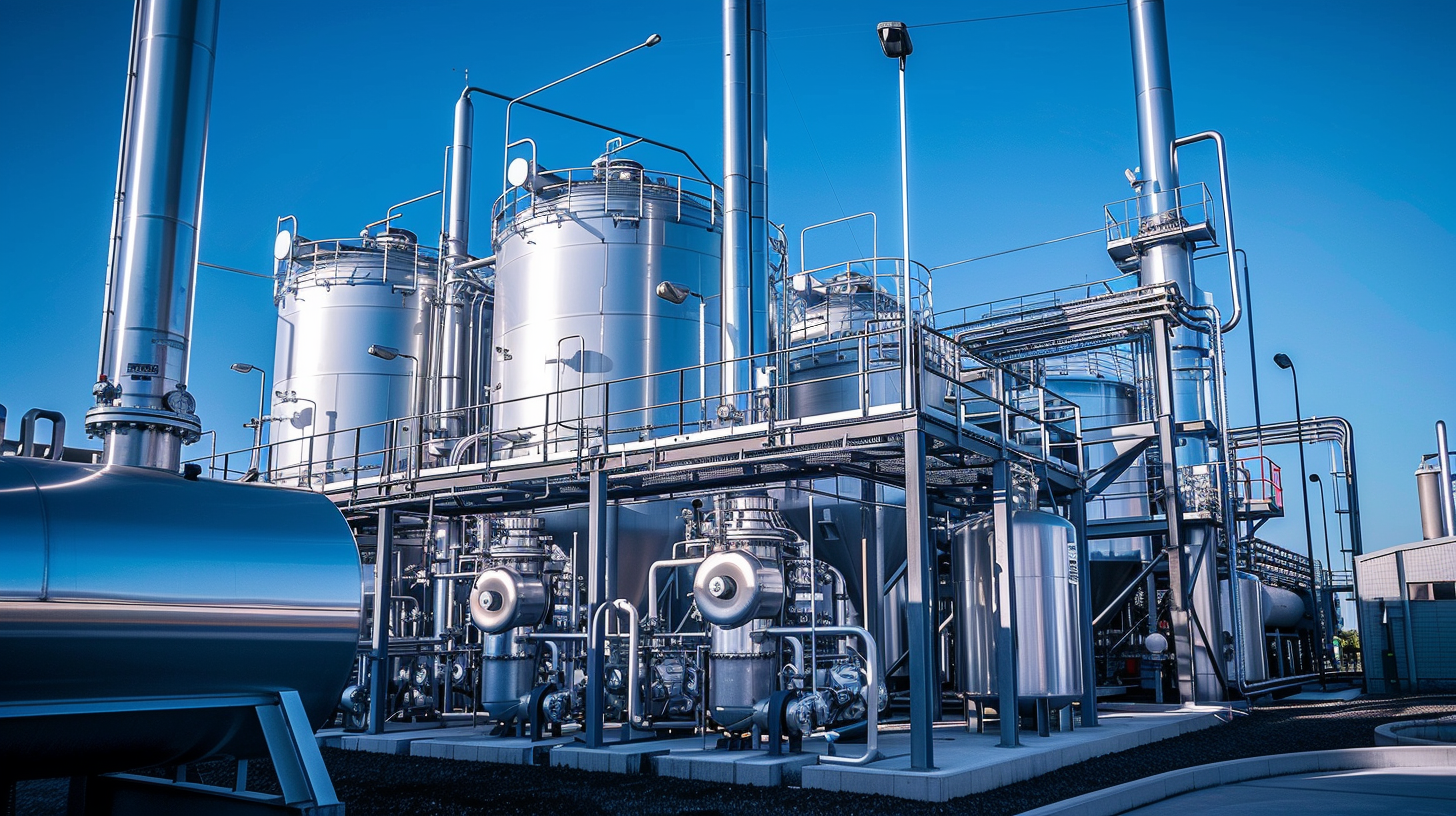 Eine industrielle Wasserstoffproduktionsanlage mit silbernen Tanks und Rohrleitungen vor einem klaren blauen Himmel