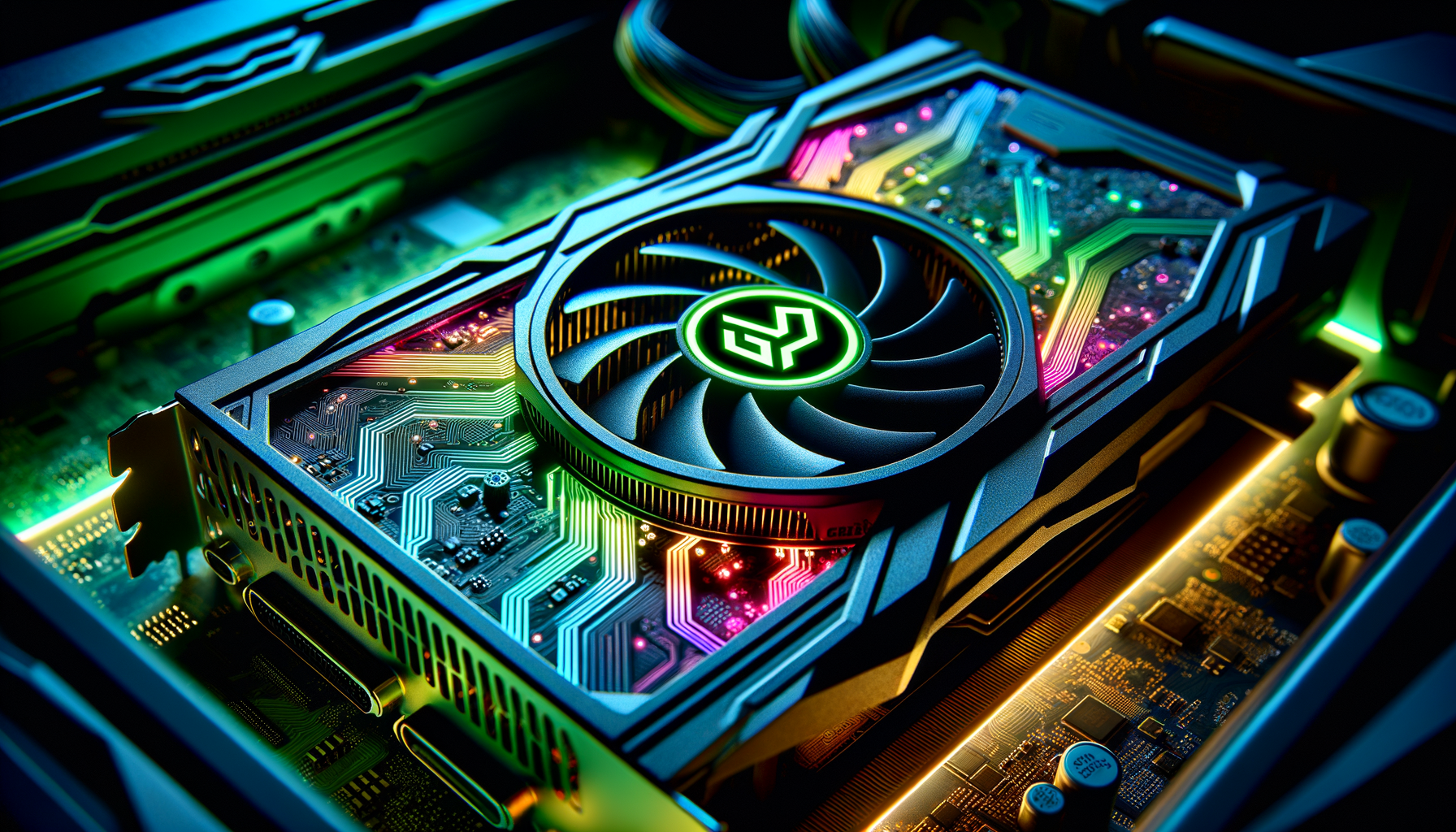 Eine Nahaufnahme einer Nvidia-Grafikkarte mit leuchtender RGB-Beleuchtung