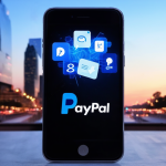 Smartphone mit geöffnetem PayPal-App und Transaktionssymbolen