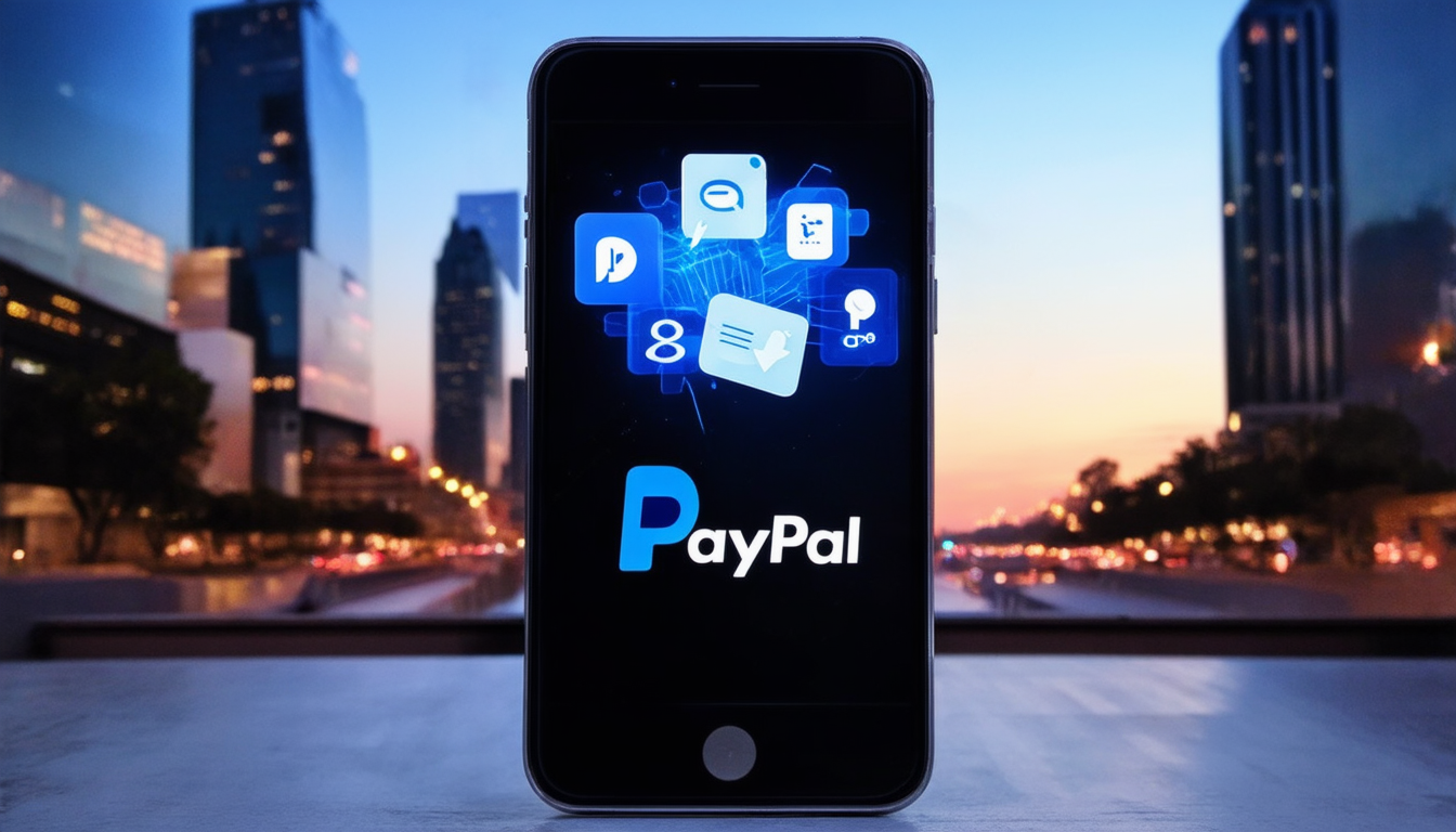 Smartphone mit geöffnetem PayPal-App und Transaktionssymbolen