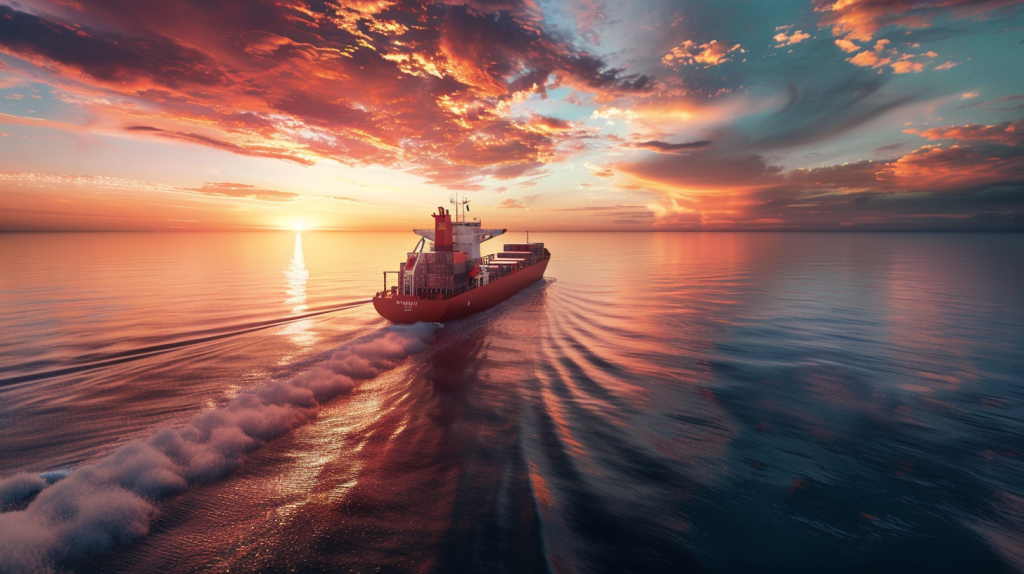 Ein Frachtschiff mit Renk-Logo bei Sonnenuntergang