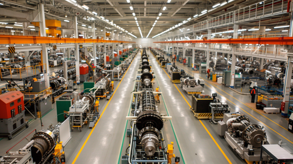 Panoramablick auf ein großes Rolls-Royce-Werk voller Maschinen und Aktivität