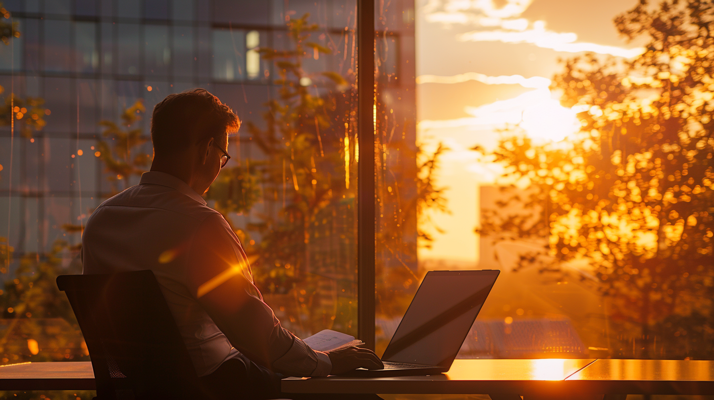 Investor analysiert Daten vor dem Hauptquartier von SMA Solar bei Sonnenuntergang.