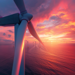 Nahaufnahme von Siemens-Energieturbinenblättern, die in einem Offshore-Windpark bei Sonnenuntergang installiert werden