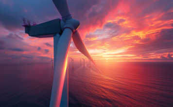 Nahaufnahme von Siemens-Energieturbinenblättern, die in einem Offshore-Windpark bei Sonnenuntergang installiert werden