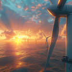 Nahaufnahme von Siemens-Energieturbinenblättern, die in einem Offshore-Windpark bei Sonnenuntergang installiert werden