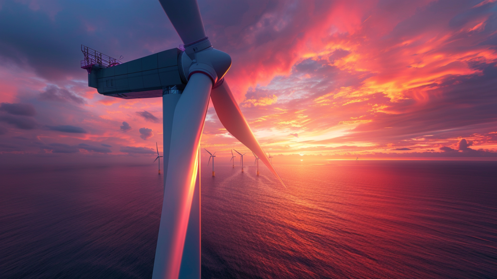 Nahaufnahme von Siemens-Energieturbinenblättern, die in einem Offshore-Windpark bei Sonnenuntergang installiert werden