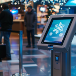 Ein Snowflake-Informationskiosk mit Touchscreen auf einer Messe, im Hintergrund Besucher