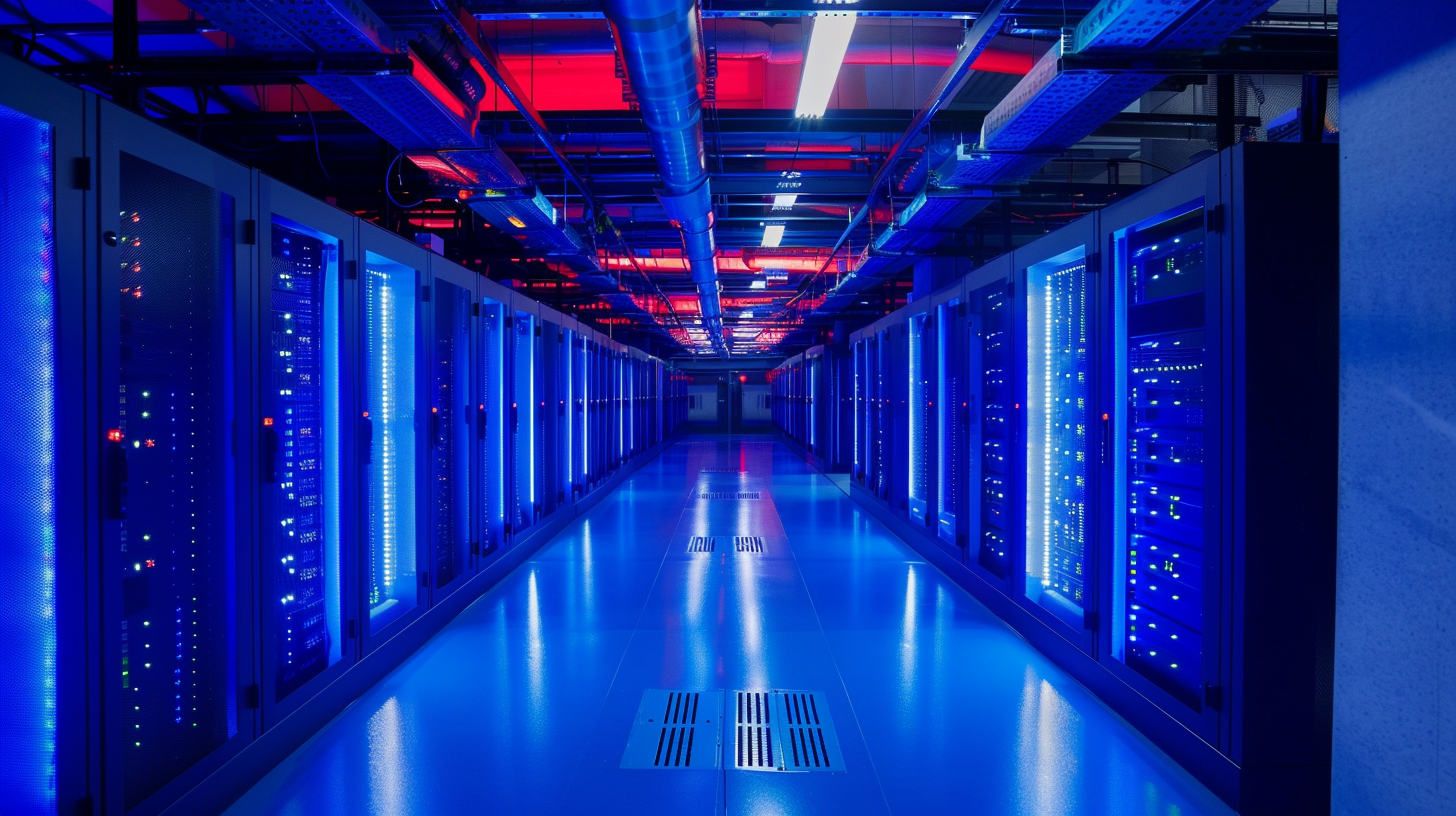 Ein hochmodernes Rechenzentrum mit den neuesten Hochleistungs-Serverracks von Super Micro Computer, beleuchtet mit blauen LED-Lichtern