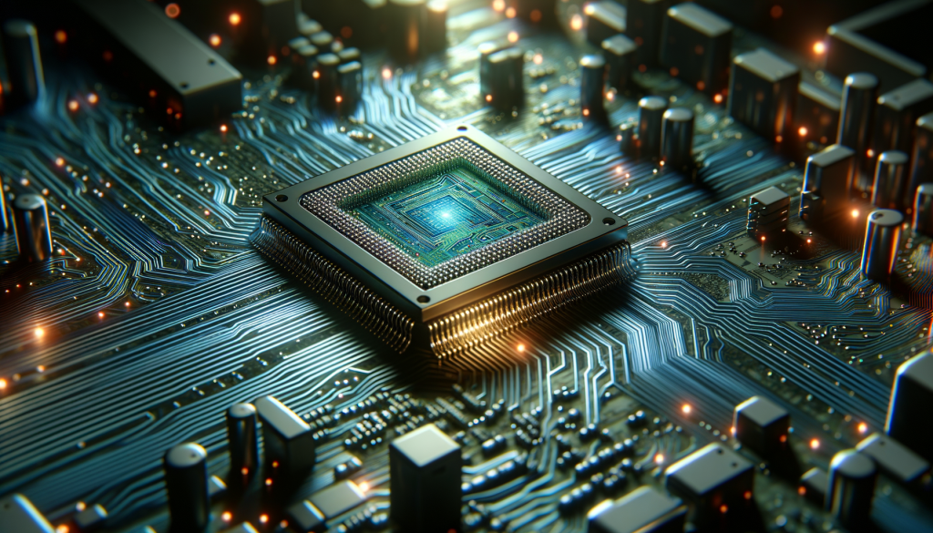 Eine Nahaufnahme eines Super Micro Computer-Chips, detailliert hervorgehoben durch dramatisches Licht, vor einer Hintergrundschaltung