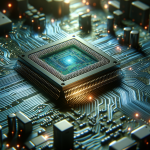 Eine Nahaufnahme eines Super Micro Computer-Chips, detailliert hervorgehoben durch dramatisches Licht, vor einer Hintergrundschaltung