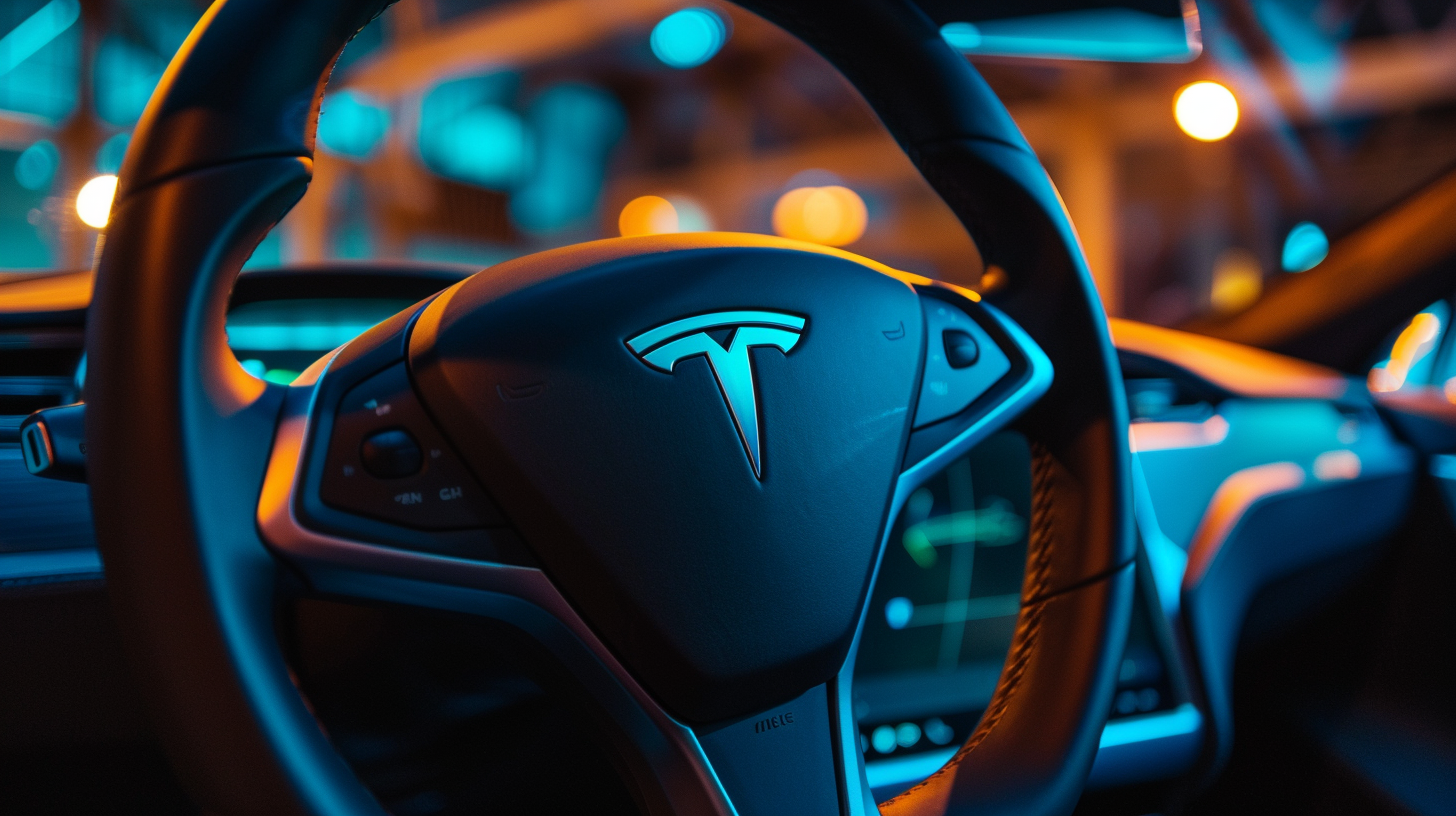 Lenkrad eines Tesla-Autos mit Logo