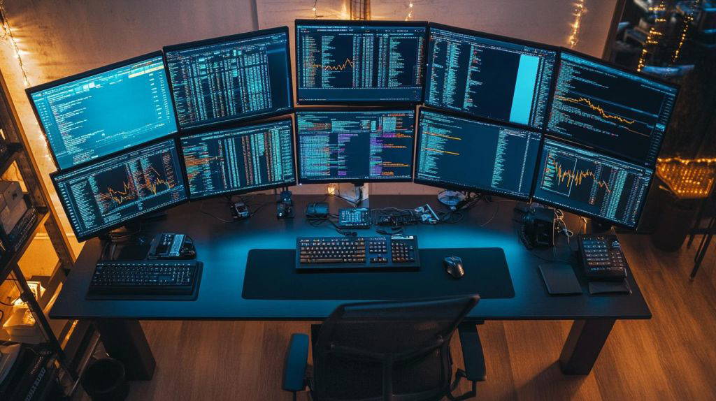 Vogelperspektive eines High-Tech-Handelsdesks mit mehreren Monitoren, die Blockchain-Daten anzeigen.