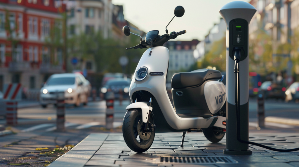 Ein Elektro-Scooter mit Varta-Logo, der an einer öffentlichen Ladestation lädt