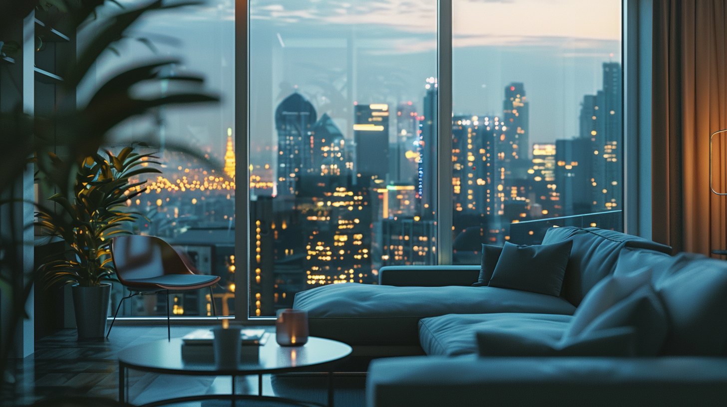 Modernes Vonovia-Apartment mit stilvoller Einrichtung und großen Fenstern mit Blick auf die Stadtsilhouette