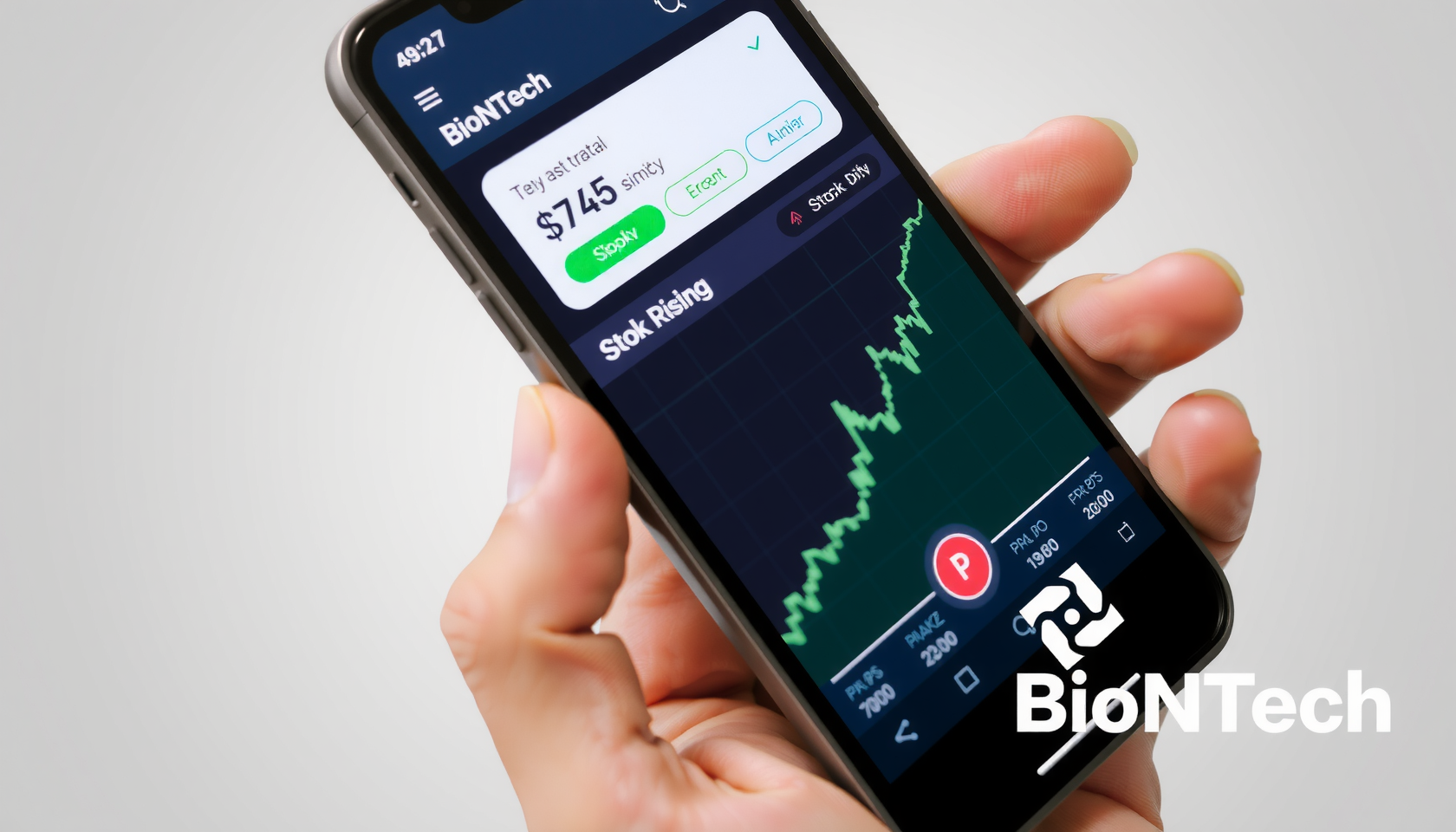 Hand hält Smartphone mit BioNTech-Aktienchart