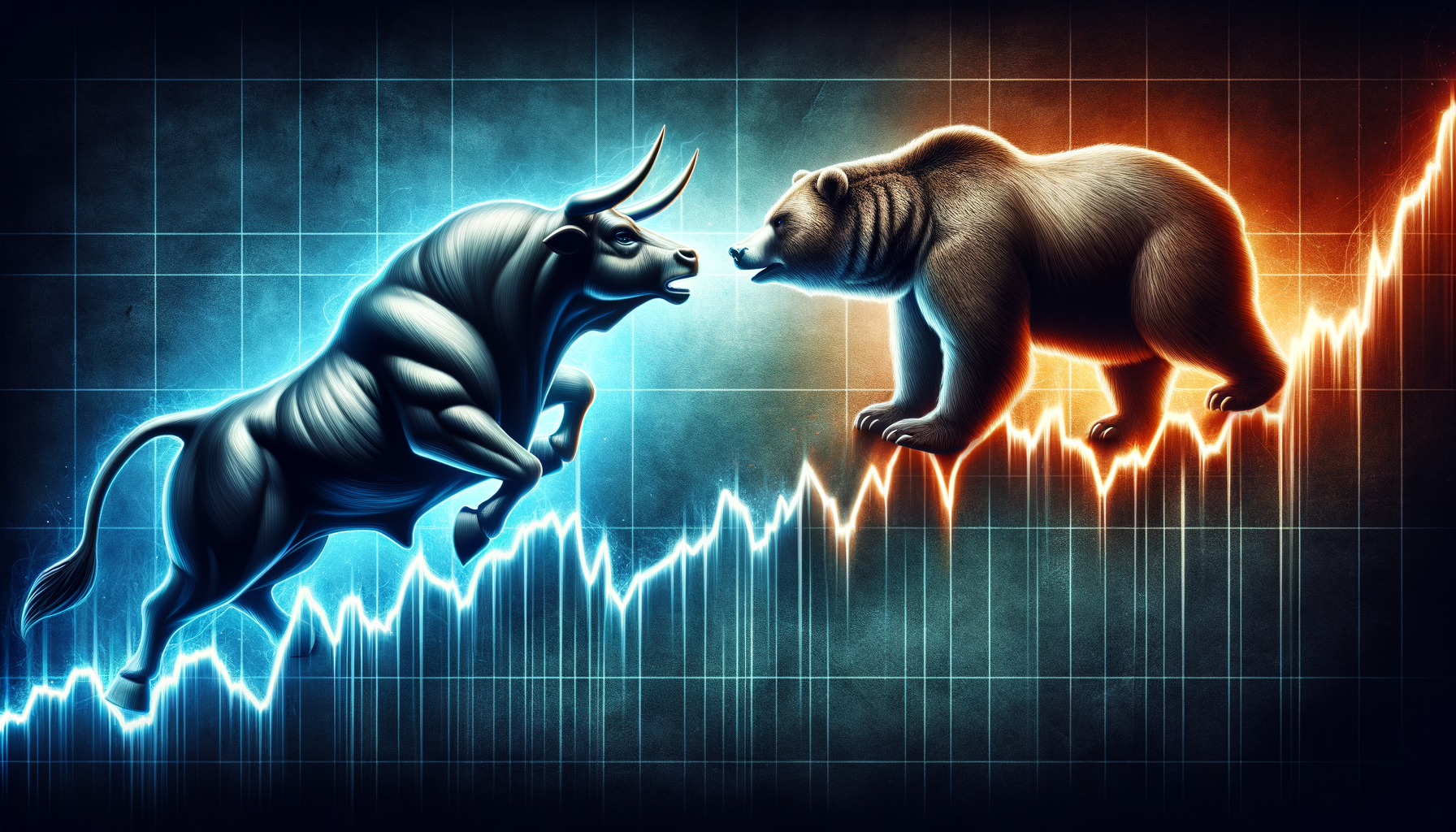 Kampf zwischen Bulle und Bär über einem Aktienmarkt-Chart.
