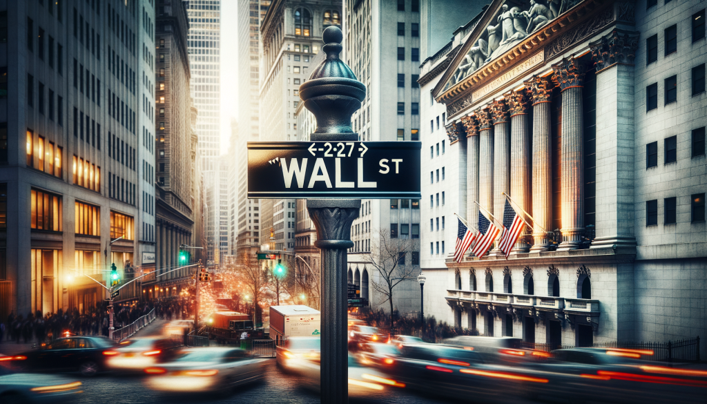 Wall Street-Schild vor verschwommenem Stadtverkehr und historischen Gebäuden