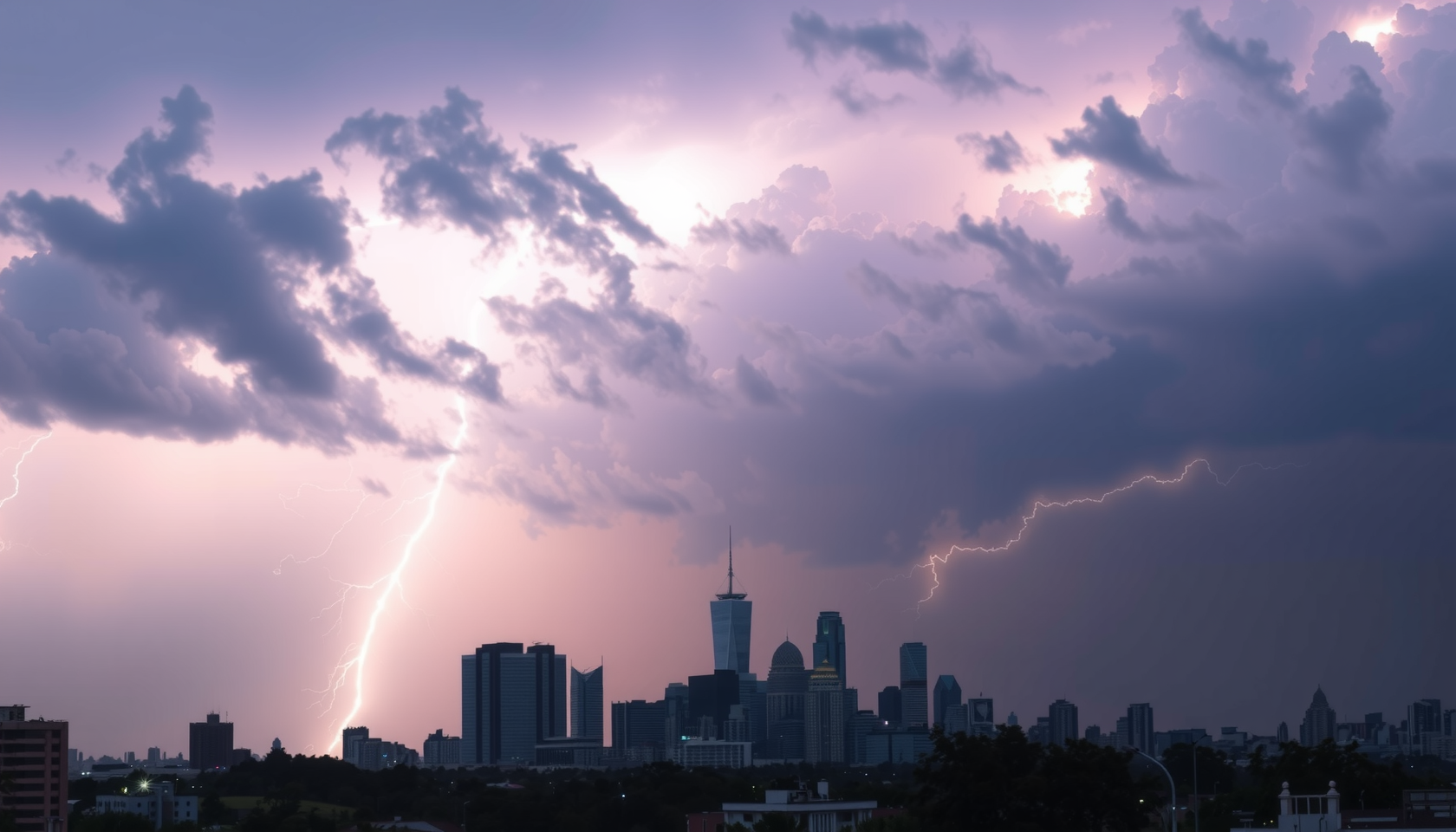 Unwetter über Stadt und Marktbewegungen