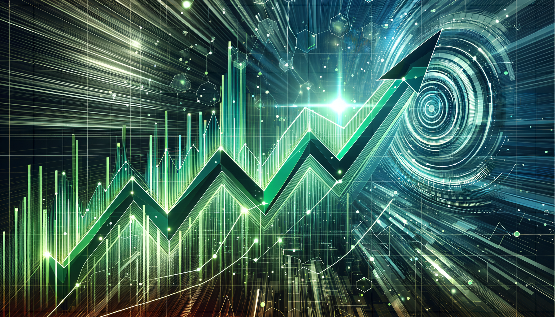 Dynamisches Liniendiagramm zeigt einen steilen Aufwärtstrend mit futuristischem Hintergrund.