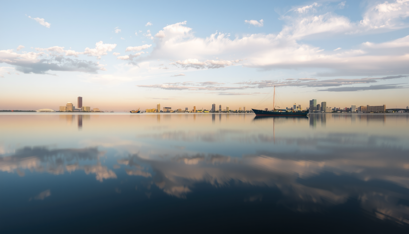 Stadtansicht mit Spiegelung im Wasser und überlagerten Börsentickern