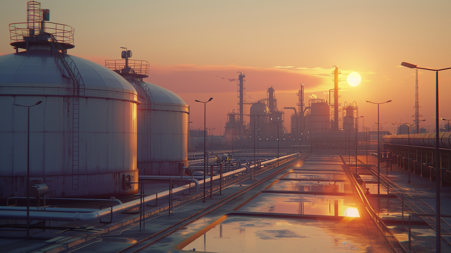 Gasspeichertanks bei Sonnenuntergang