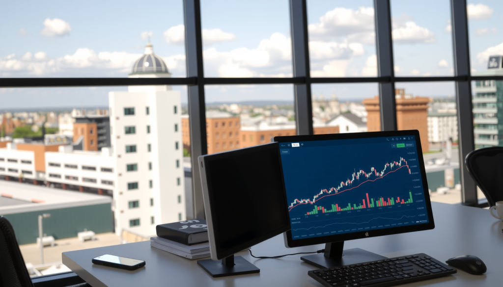 Büro mit Stadtansicht und Computer mit Aktienmarkt-Dashboard