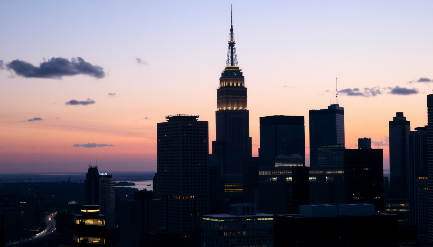 Finanzdistrikt-Skyline bei Dämmerung mit leuchtenden Wolkenkratzern