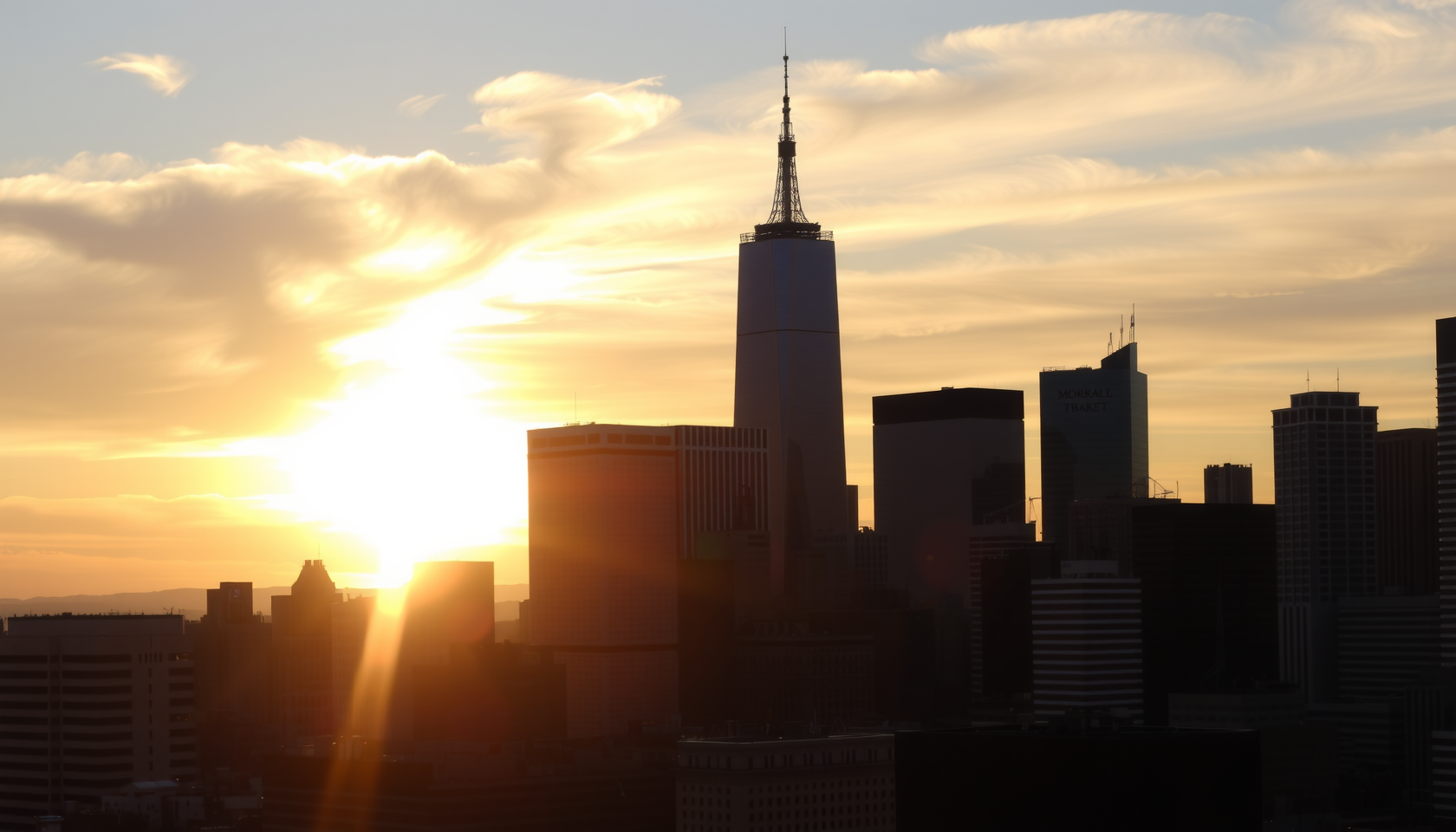 Stadtansicht bei Sonnenuntergang mit Finanzbezirk