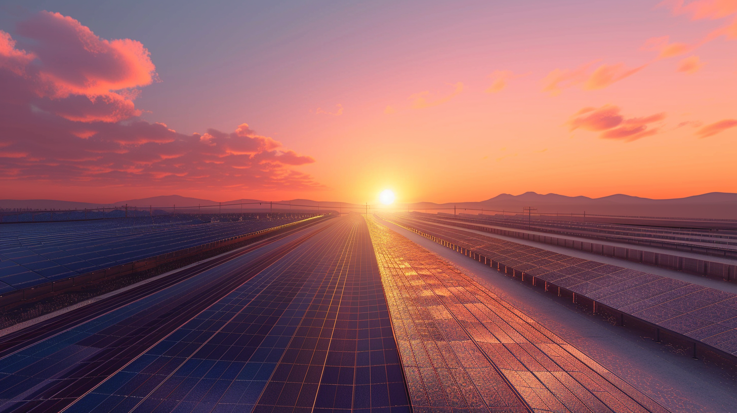 Künstlerische Darstellung eines Solarparks bei Sonnenaufgang mit gut laufender SMA-Aktie.