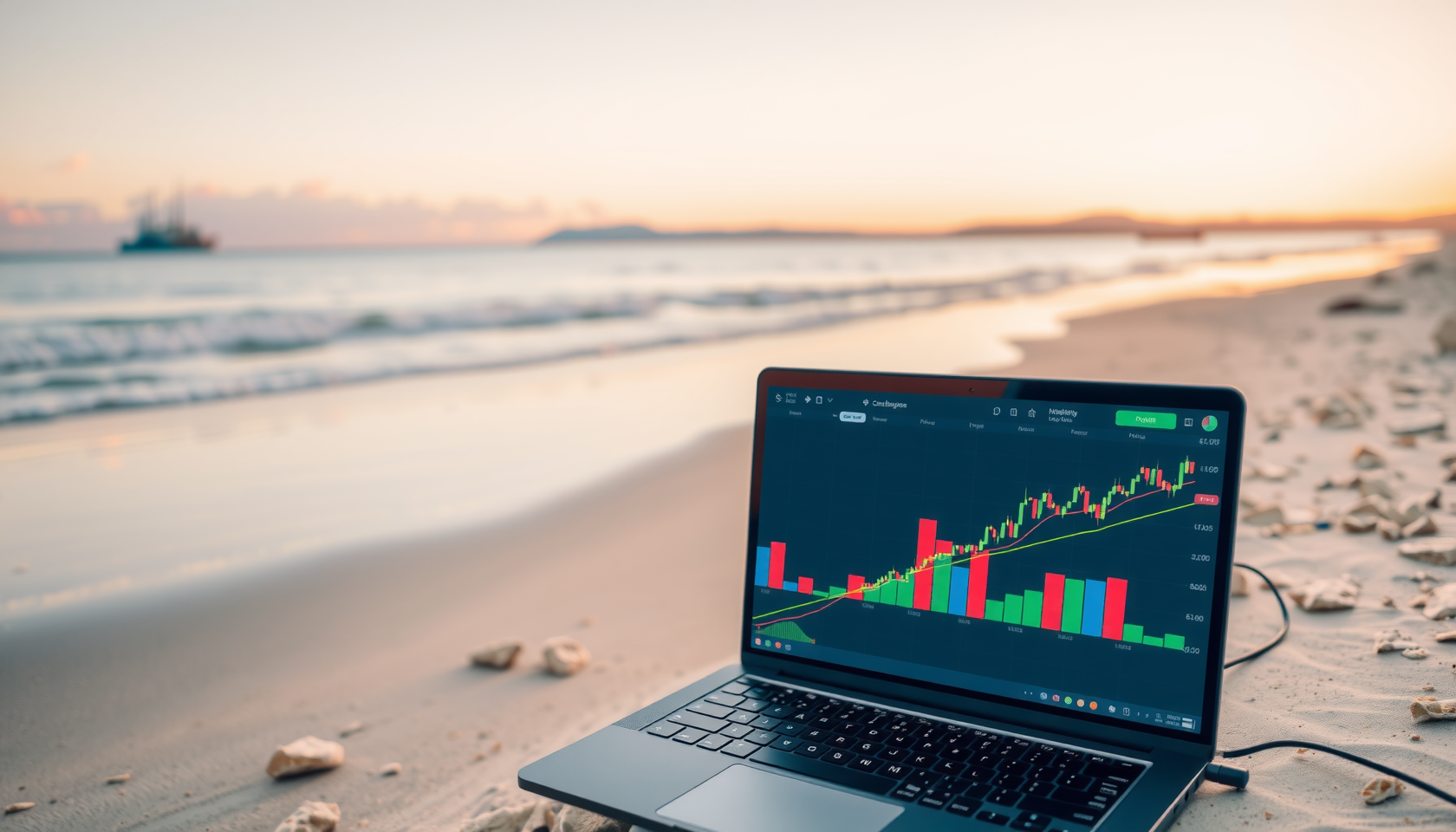 Laptop mit Börsengraphen am Strand