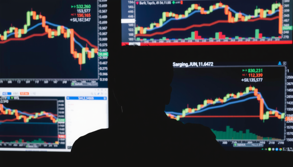 Analyst beobachtet Bildschirme mit Aktiencharts