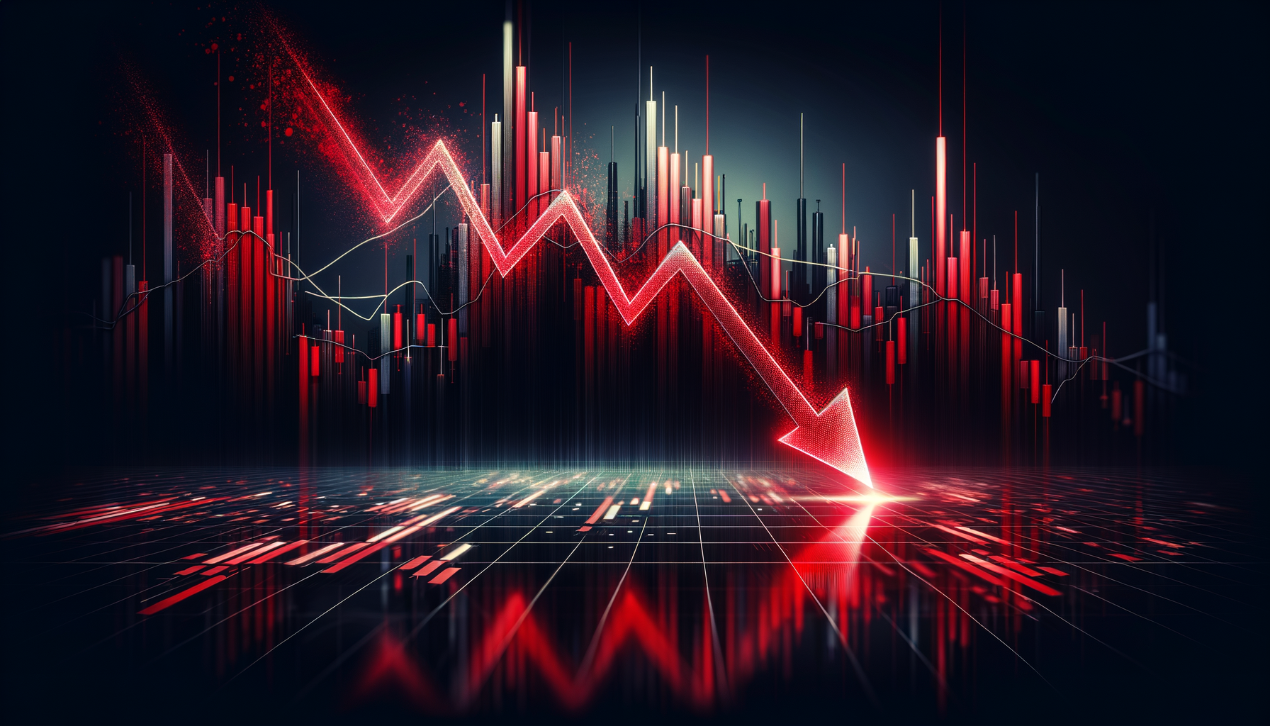 Dramatischer Börsenkrach mit rotem Abwärtspfeil und Kerzencharts.